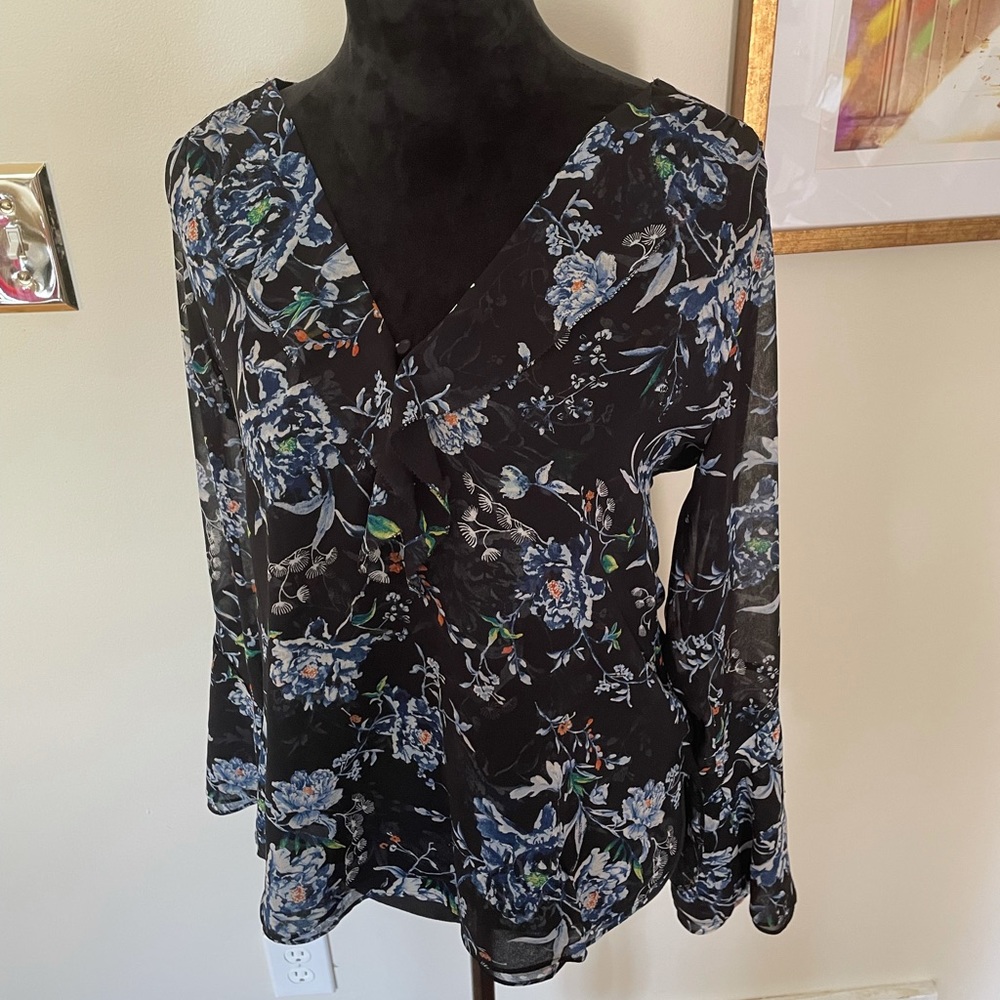 WHBM Black and Floral Blouse with Bell Sleeves
